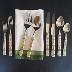 28pc Country Christmas Stainless Flatware Cutlery 4 Place Settings/2 Serving Vtg